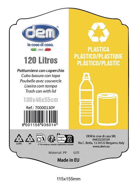 Inde Cubo Basura Con Tapa 120 Lt. Negro/Amarillo 47,5 cm Ancho x 95 cm Alto x 57 cm Largo (2 Unidades)