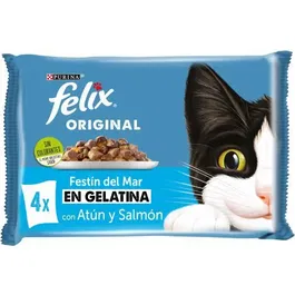 Purina Felix Selección De Pescados Comida Húmeda Para Gato, Tiernos Trocitos En Gelatina, 12 Cajas x 4 Sobres x 85 gr