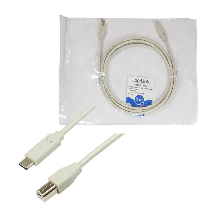LogiLink Cable USB 2.0 Tipo-C a Tipo-B, 2 m, gris