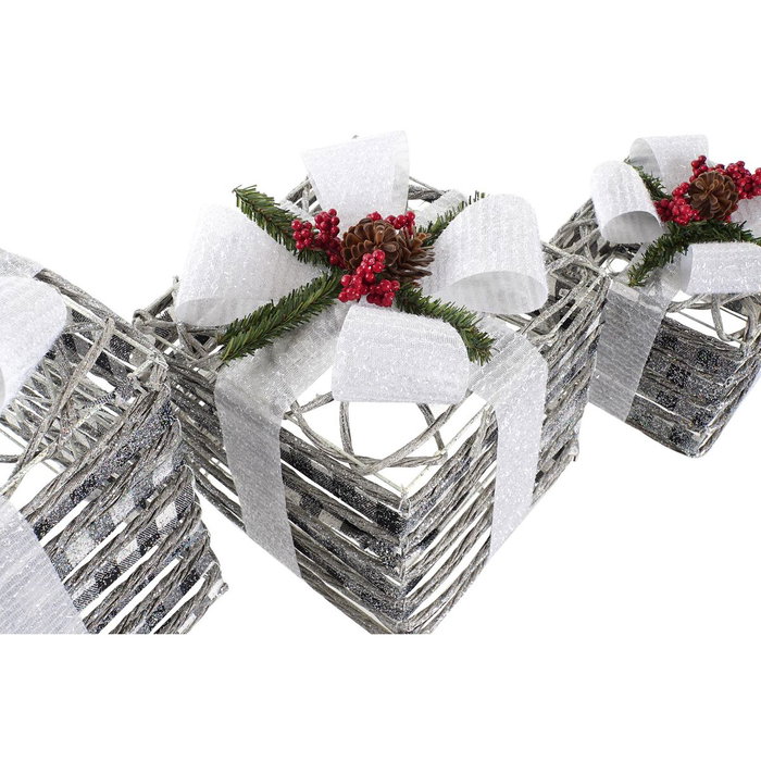 DKD Home Decor Set de 3 Piezas Decorativas de Ratán con LED y Acabado Nevado Blanco