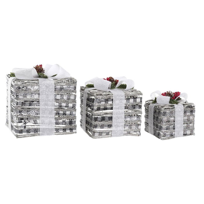 DKD Home Decor Set de 3 Piezas Decorativas de Ratán con LED y Acabado Nevado Blanco