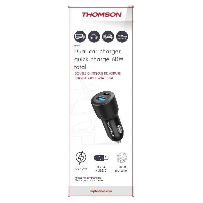 Thomson THO3513767410106 Cargador de Coche 60W, Tecnología GaN Nueva Generación, USB-C PD 30W + USB-A QC 3.0 30W