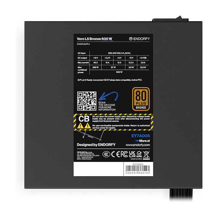 Endorfy Vero L5 600W Fuente de Alimentación ATX - Certificación 80 Plus Bronze - No Modular - Color Negro