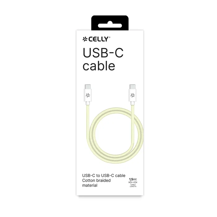 Celly Cable USB-C a USB-C Trenzado de 1.5m con Carga Rápida 60W - Blanco y Amarillo para iPhone 15 y Smartphones Android