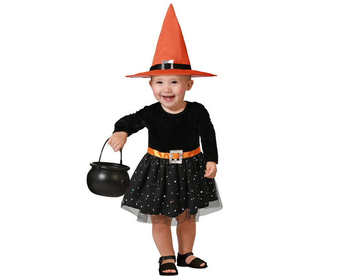 Disfraz de Bruja para Bebé con Sombrero Naranja y Vestido Negro de Estrellas - 12-24 Meses