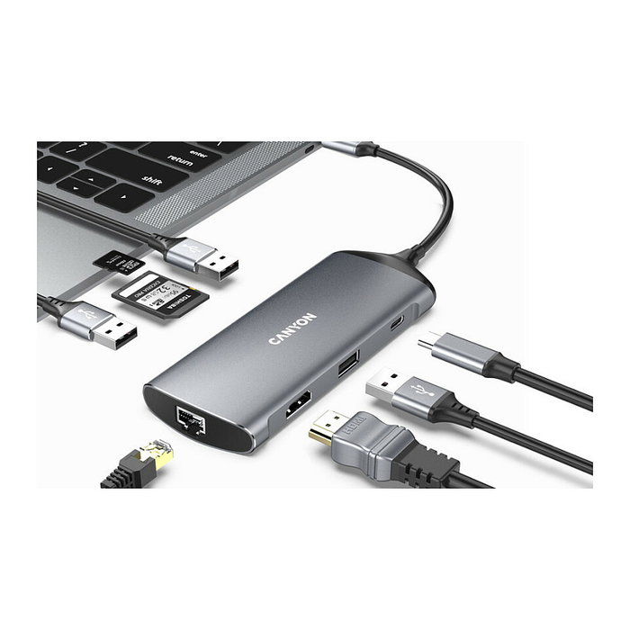 Canyon DS-15 Multiport Docking Station 8 en 1 con HDMI 4K y USB-C 100W Gris oscuro