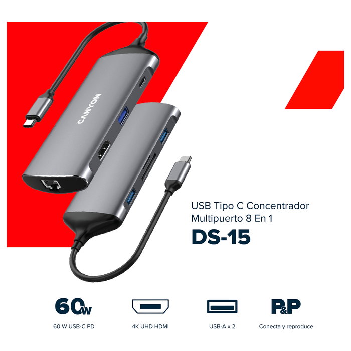 Canyon DS-15 Multiport Docking Station 8 en 1 con HDMI 4K y USB-C 100W Gris oscuro