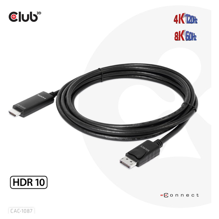 Club3D Cable DisplayPort 1.4 a HDMI 2.1 HDR Activo 8K60Hz 3m CAC-1087 Negro