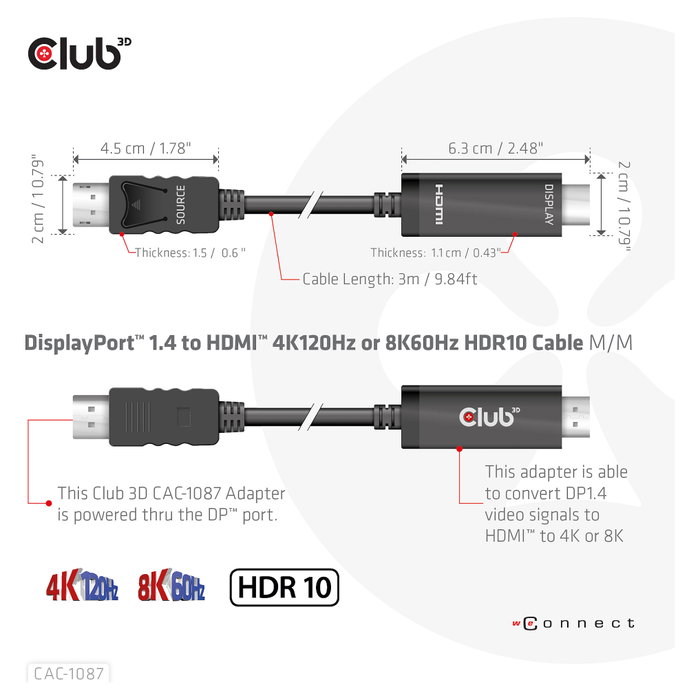 Club3D Cable DisplayPort 1.4 a HDMI 2.1 HDR Activo 8K60Hz 3m CAC-1087 Negro
