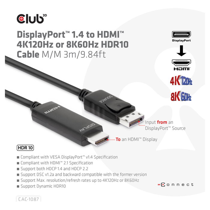 Club3D Cable DisplayPort 1.4 a HDMI 2.1 HDR Activo 8K60Hz 3m CAC-1087 Negro