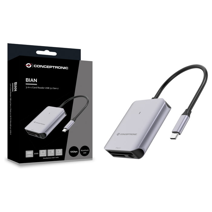 Conceptronic BIAN09G Lector de tarjetas USB 3.2 Gen 2 Type-C Gris