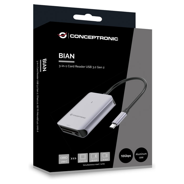 Conceptronic BIAN09G Lector de tarjetas USB 3.2 Gen 2 Type-C Gris