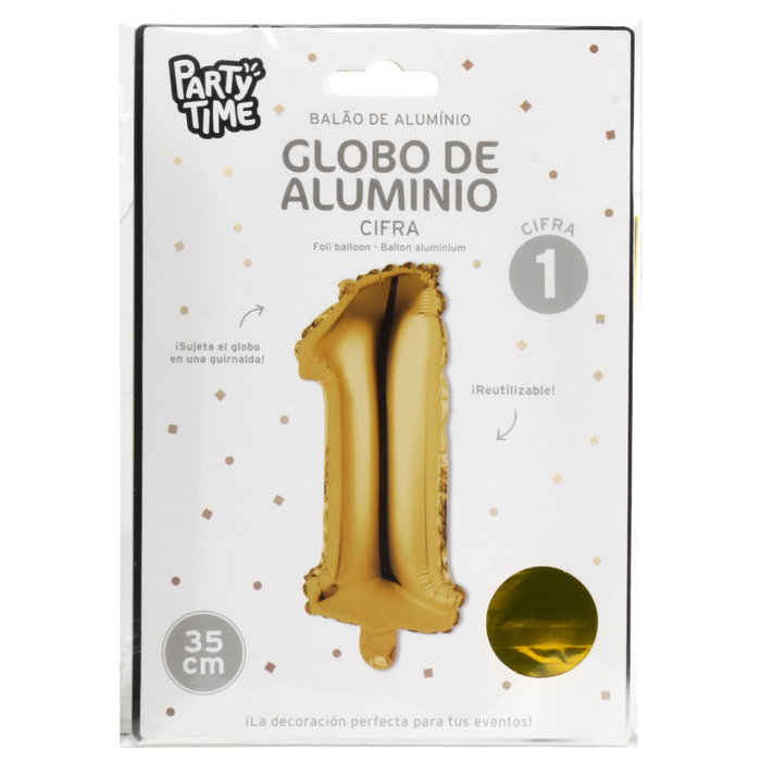 Party Time Globo Cifra 1 Oro para Aniversarios y Cumpleaños, 35 cm de Altura
