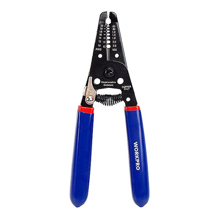 Workpro Pelacables Automático 150 mm, 0.6 - 2.6 mm² (10-22 AWG), Corta Pernos, Calibres Marcados, Agujeros para Doblar, Cargado por Resorte
