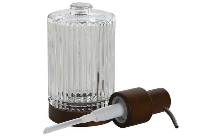 DKD Home Decor Dosificador Transparente y Marrón de Cristal y Acacia 7.5 x 18.5 x 8 cm (6 Unidades)