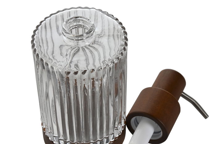 DKD Home Decor Dosificador Transparente y Marrón de Cristal y Acacia 7.5 x 18.5 x 8 cm (6 Unidades)