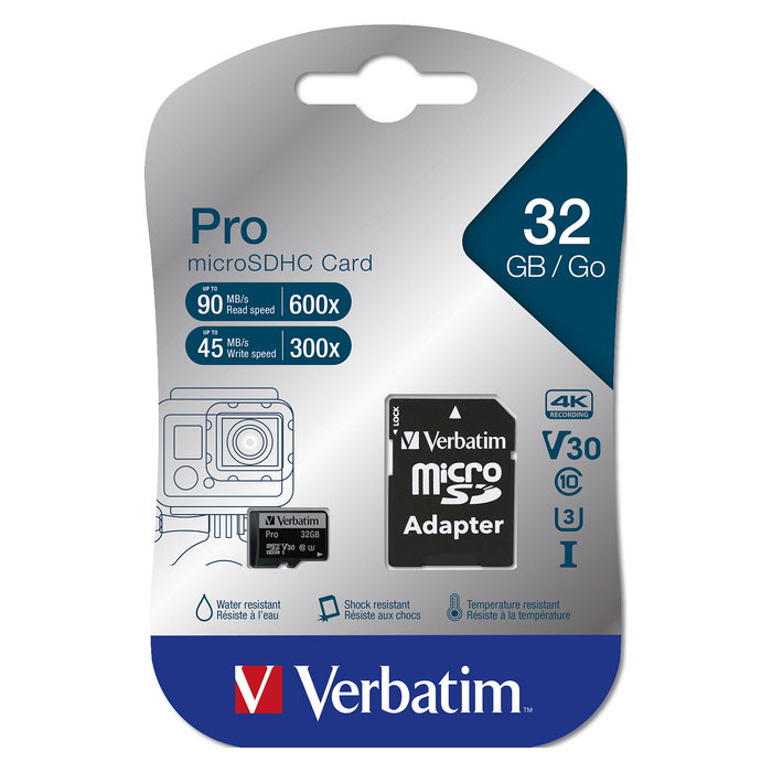 Verbatim 32GB Tarjeta de Memoria MicroSDHC Pro, Clase 10, UHS-I, Lectura 90MB/s + Adaptador SD