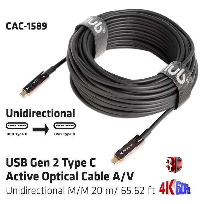 Club 3D Cable USB 3.2 Gen 2 Tipo C Activo Óptico 20m Negro Club 3D Cable USB 3.2 Gen 2 Tipo C Activo Óptico 20m Negro
