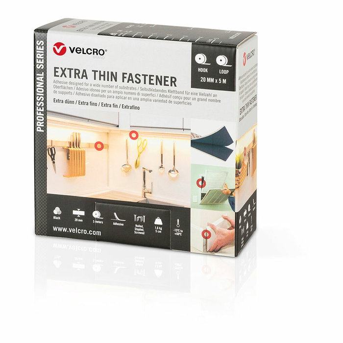 Velcro® Cinta adhesiva extrafina negra 20 mm x 5 m