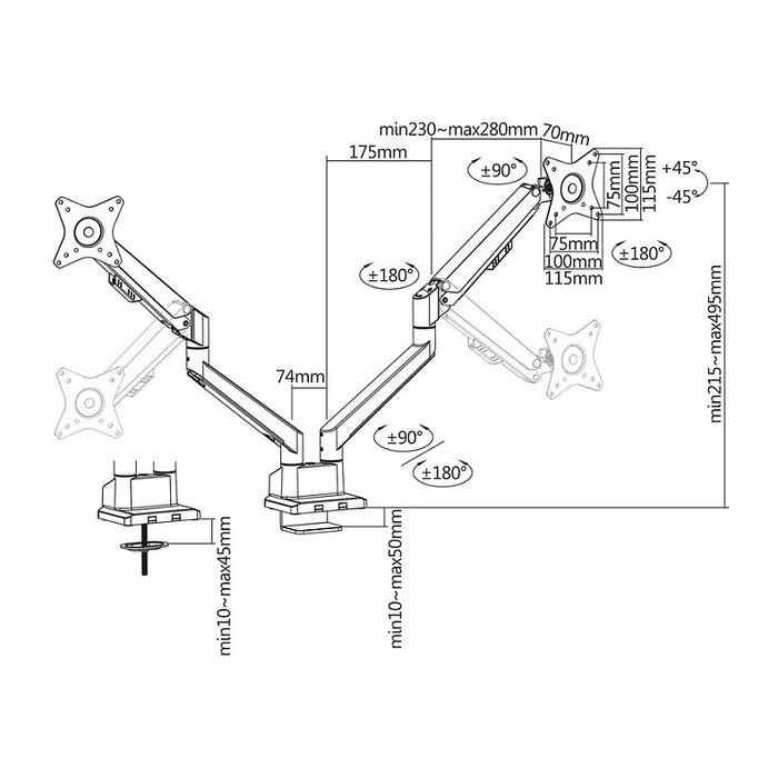 ROLINE Soporte de Doble Brazo con Gasfeder para Monitores 17-32 Pulgadas