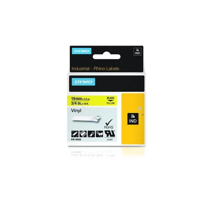 Dymo RHINO Cinta de Etiquetas ID1-19 de Vinilo, Negro y Amarillo, para Etiquetadora
