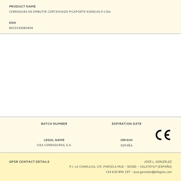 Cisa Cerradura de embutir cortafuego picaporte 43000.65.0 Acero cincado Cisa Cerradura de embutir cortafuego picaporte 43000.65.0 Acero cincado