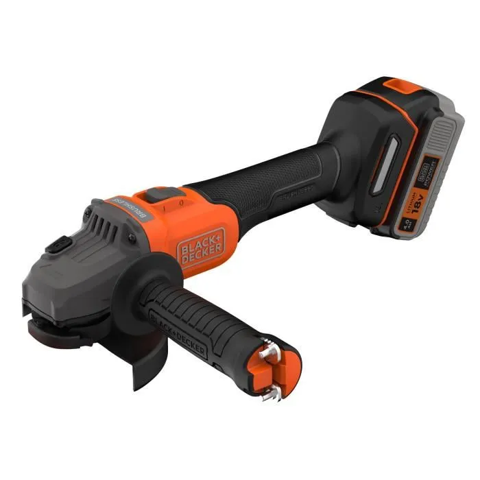 Black+Decker Amoladora Angular Inalámbrica BCG6L8F1S-QW 18V 115mm Sin Escobillas con Batería 4Ah, Cargador, 3 Discos y Bolsa