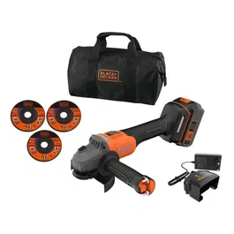 Black+Decker Amoladora Angular Inalámbrica BCG6L8F1S-QW 18V 115mm Sin Escobillas con Batería 4Ah, Cargador, 3 Discos y Bolsa