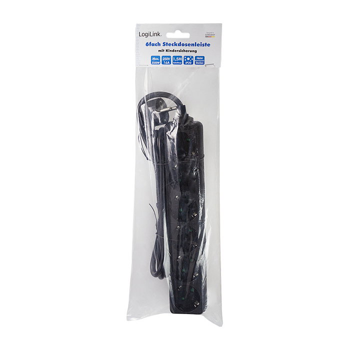 LogiLink LPS238B Regleta de Conexión 6 Tomas con Interruptor, Negro, 1.5 m de Cable, 3500 W, 250 V, 16 A, IP20 para Interior