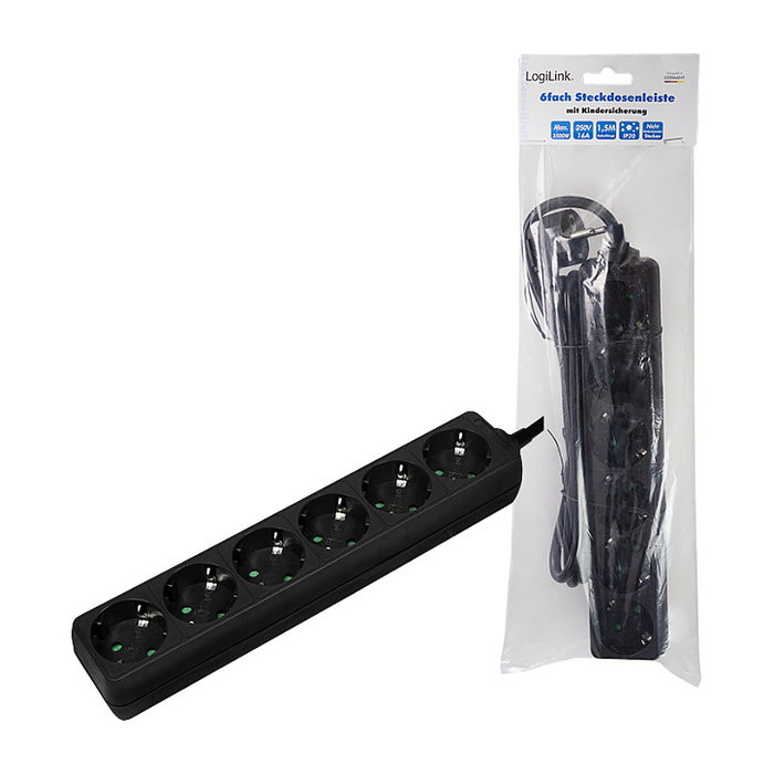LogiLink LPS238B Regleta de Conexión 6 Tomas con Interruptor, Negro, 1.5 m de Cable, 3500 W, 250 V, 16 A, IP20 para Interior