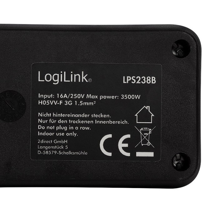 LogiLink LPS238B Regleta de alimentación de 6 salidas, Negro