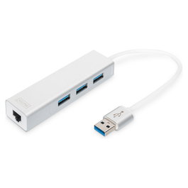 Digitus Hub USB 3.0 con 3 Puertos y Cable LAN Integrado - Modelo 3xA3.0 1xLAN