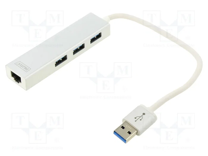 Digitus Adaptador LAN Gigabit y Concentrador USB 3.0, 3 Puertos A, 1 Puerto RJ45, Plata/Blanco