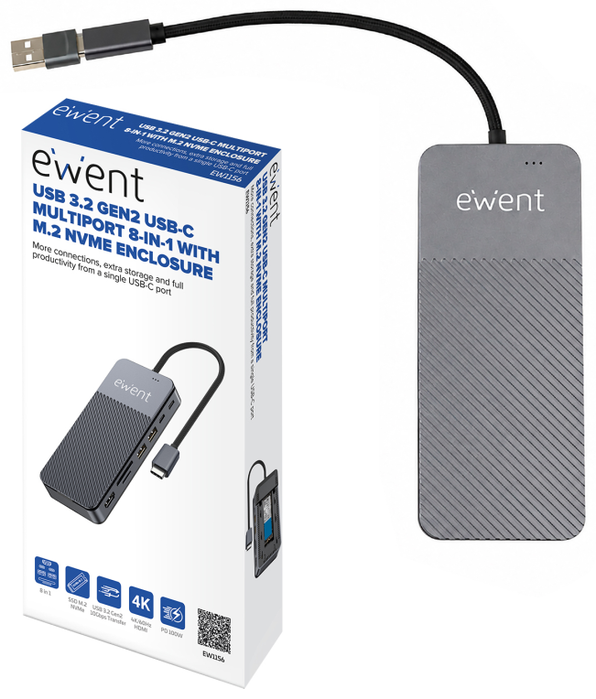 Ewent EW1156 Hub USB-C 8 en 1 con carcasa SSD M.2 NVMe y HDMI 4K
