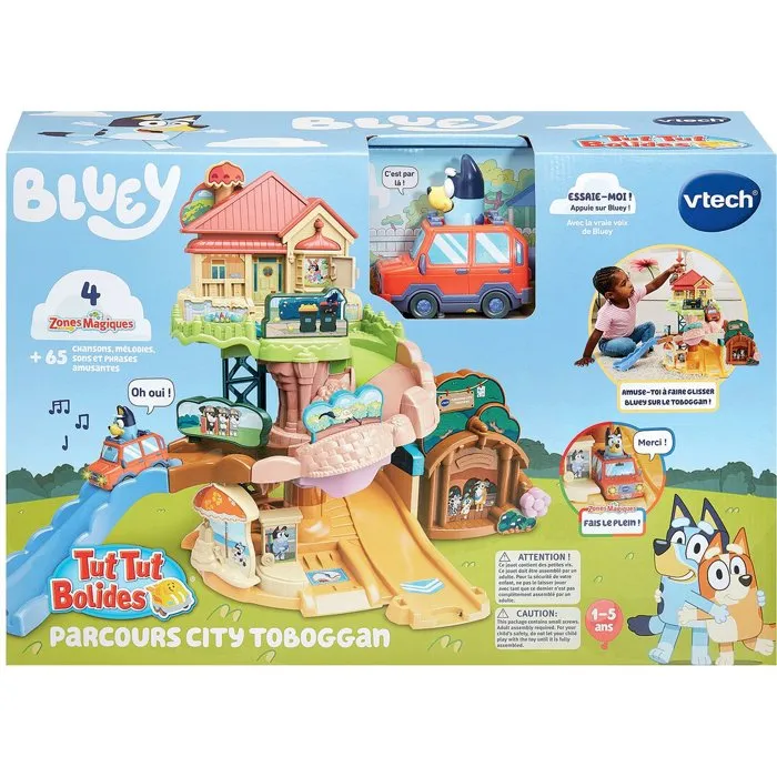 VTECH Tut Tut Bolides Bluey - Circuito de Deslizamientos Urbano con Coche Familiar Multicolor
