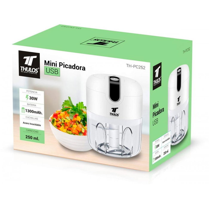 Thulos TH-PC252 Mini Picadora de Alimentos USB, 250 ml, 30W, Cuchilla de Acero Inoxidable, Recargable
