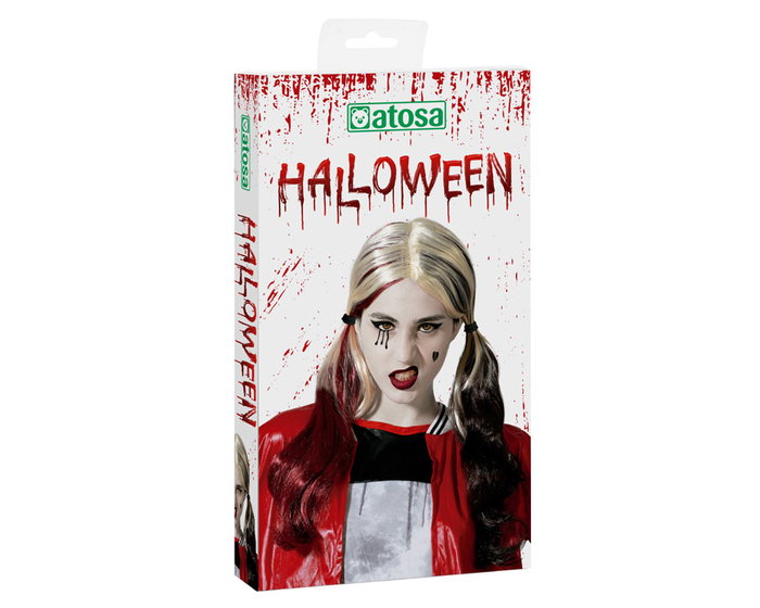 Peluca Halloween Arlequina Loca Bicolor Rubia Rojo Negro