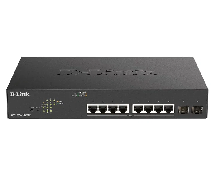 D-Link Switch DGS-1100-10MPV2 Gestionado L2 - 10 Puertos Gigabit (8 PoE +) Ethernet 10/100/1000 - 2 Ranuras SFP - Montaje en Rack 1U Negro