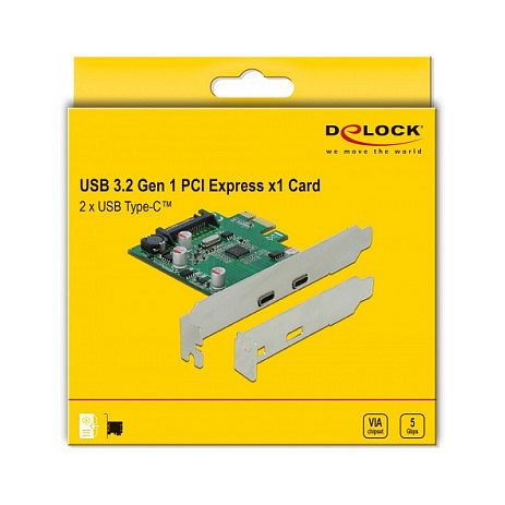 DeLOCK PCIe x1 Card VL805 con 2 puertos externos USB 3.2 Gen 1 Type-C de 5 Gbps, compatible Full/Low Profile y Windows 10/8.1