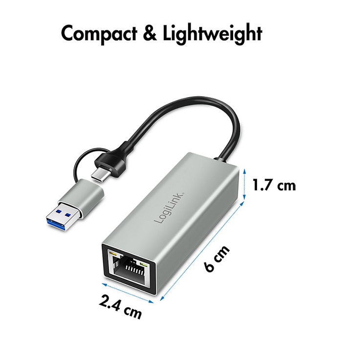 LogiLink Adaptador USB 3.2 Gen1 USB-A/C a Gigabit Ethernet en aluminio