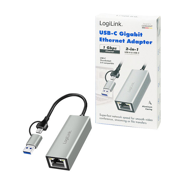 LogiLink Adaptador USB 3.2 Gen1 USB-A/C a Gigabit Ethernet en aluminio
