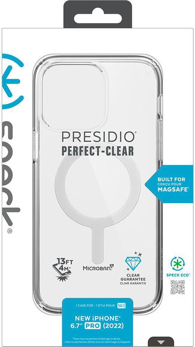 Speck Presidio Perfect Clear + Ms para iPhone 14 Pro Max, Funda Protectora Transparente con MagSafe y Protección contra Caídas de 4 Metros