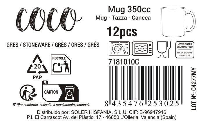 Inde Taza Coco 350 cc (48 Unidades)