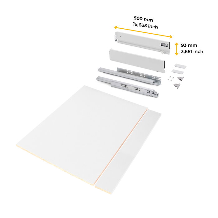 Emuca Kit de cajón para cocina o baño Vertex de altura 93mm con regulación 3D, tableros incluidos, módulo 900mm, Pintado blanco