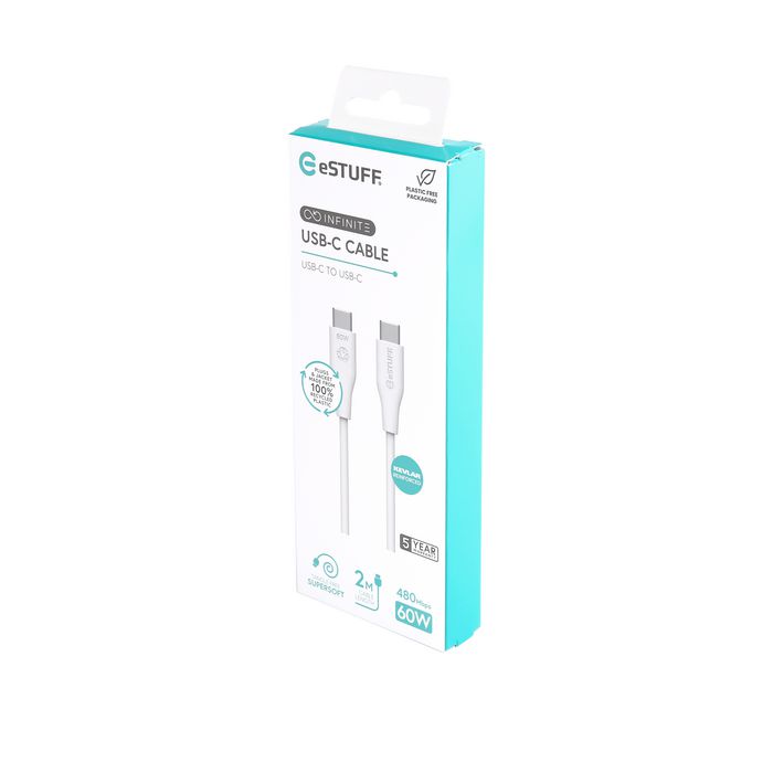 eSTUFF Cable USB-C a USB-C INFINITE GRS 2 m Blanco - Cable Ecológico sin PVC, TPE y PE Reciclado Postconsumo, 60W, 480 Mbps, Kevlar, Ultra Flexible eSTUFF Cable USB-C a USB-C INFINITE GRS 2 m Blanco - Cable Ecológico sin PVC, TPE y PE Reciclado Postconsumo, 60W, 480 Mbps, Kevlar, Ultra Flexible