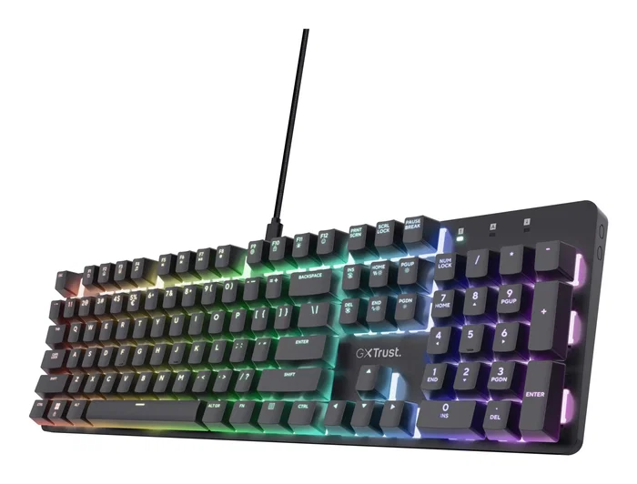 Trust GXT 871 Zora Teclado Mecánico Gaming USB con Retroiluminación LED RGB, Diseño QWERTY Español Completo (100%) - Negro