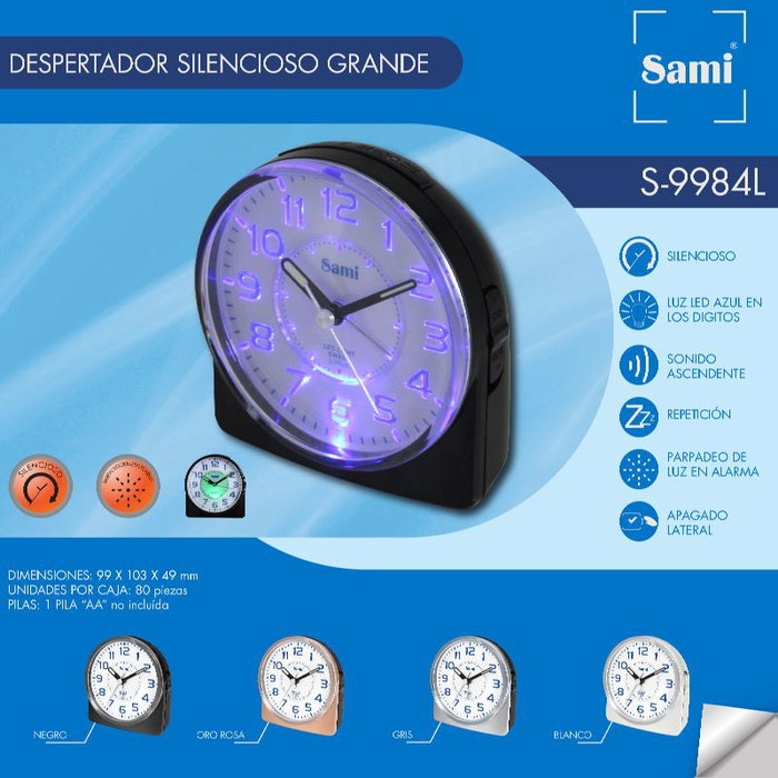 SAMI Despertador Sami mediano oval silencioso luz azul digital plata