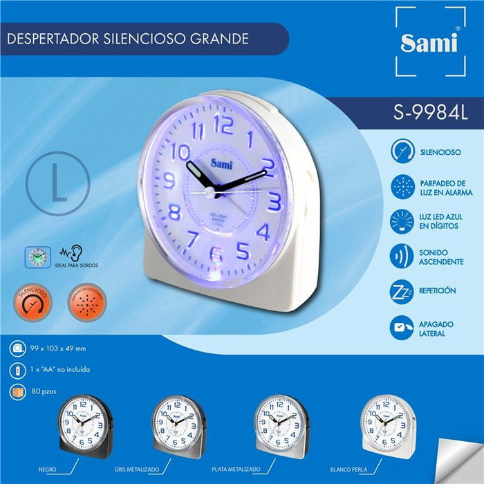 SAMI Despertador Sami mediano oval silencioso luz azul digital plata