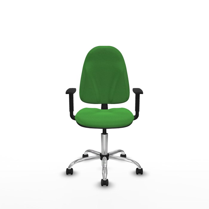 Silla de oficina Algarra con mecanismo Contacto permanente básico tapizada con Tela color Verde. Equipada con Base cromada, Brazos 1D y Ruedas de parqué