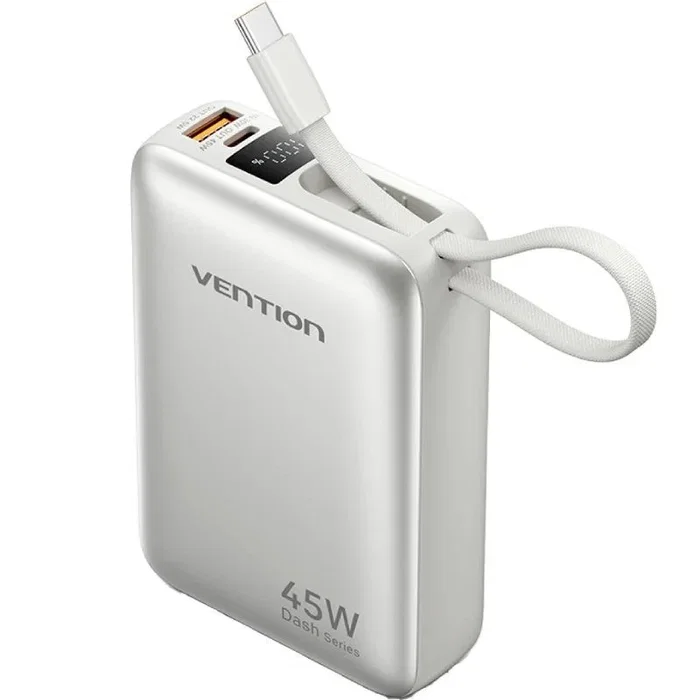 Vention FHG Power Bank 20000mAh 45W con Cable USB-C Incorporado, USB-A y USB-C, Color Beige/Gris